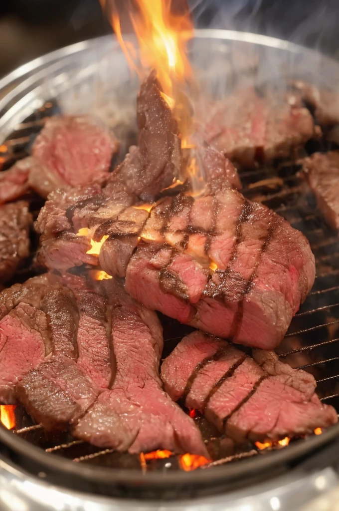 Freshly grilled steak cuts、Close-up、Overflowing meat juice、Hot steam、looks delicious、high resolution、Extremely detailed、Stab it with a fork and bring it closer to the camera、The surface of the meat is as shiny as glass.々It is reflected by。