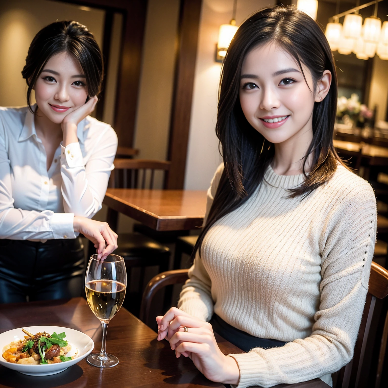 ((Highest quality、8K、masterpiece:1.3))、Shortcuts、cute、slimカップル、modelカップル、actress男優、(Realistic, Intricate details:1.2), full-course dinner、Wine Party、Amazing view of the sunset sky and clouds、A bright smile、short hair,Bright Face、 (Age 45), 42 years old, red wine 、Appetizers、Italian food、Wine bottle、Champagne、sparkling wine、Two beauties、Brown Hair、Shortcuts、Long sleeve shirt、dress、Beautiful woman 1, (slimな顔), (The body is slim), (Brown Hair), (Shortcuts), cheeks turn a little red,Attractive beauty、restaurant, In a prominent place (From the waist up) Nova Frog Style, actress, model, Upper Body, White wine, slim, wine glass, 中央に置かれたwine glass, smile, (smile: 1.15), Beautiful fine grain, Depth f/2,saturation, High Contrast, Strong light and shadow,Moist Body:1.5、3D texture、Delicate eyes、Brown Hair、The hair is very shiny、