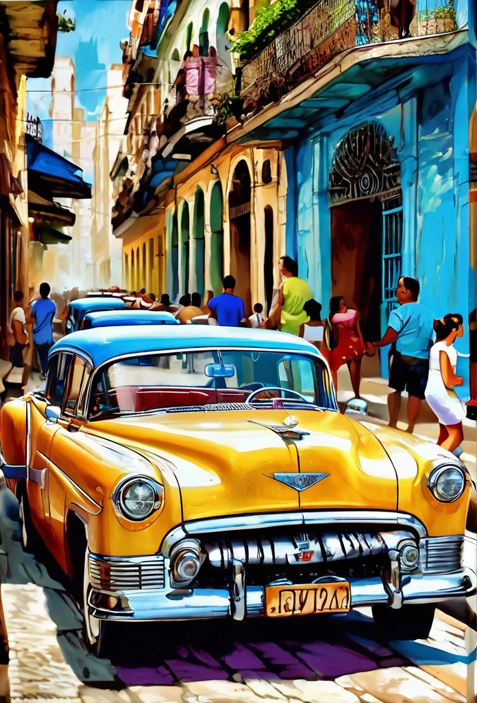 (Tyndall Effect Art of Cuba Art of Havana Cuban art canvas Print of Havana Havana:1.5), by Piotr Jabonski,(( beautiful vintage car rear view:1.5, in the background Colombian bar tables and chairs with people, warmth, happy atmosphere)), seen from behind, rear side, best quality, masterpiece, Representative work, official art, Professional, Ultra intricate detailed, 8K