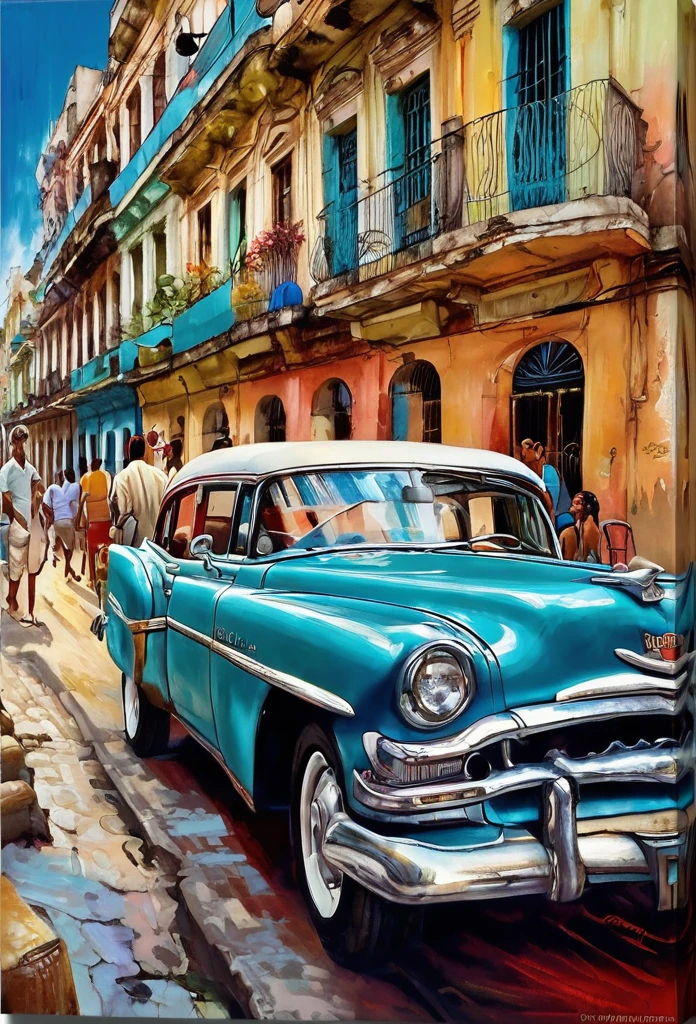 (Tyndall Effect Art of Cuba Art of Havana Cuban art canvas Print of Havana Havana:1.5), by Piotr Jabonski,(( beautiful vintage car rear view:1.5, in the background Colombian bar tables and chairs with people, warmth, happy atmosphere)), seen from behind, rear side, best quality, masterpiece, Representative work, official art, Professional, Ultra intricate detailed, 8K