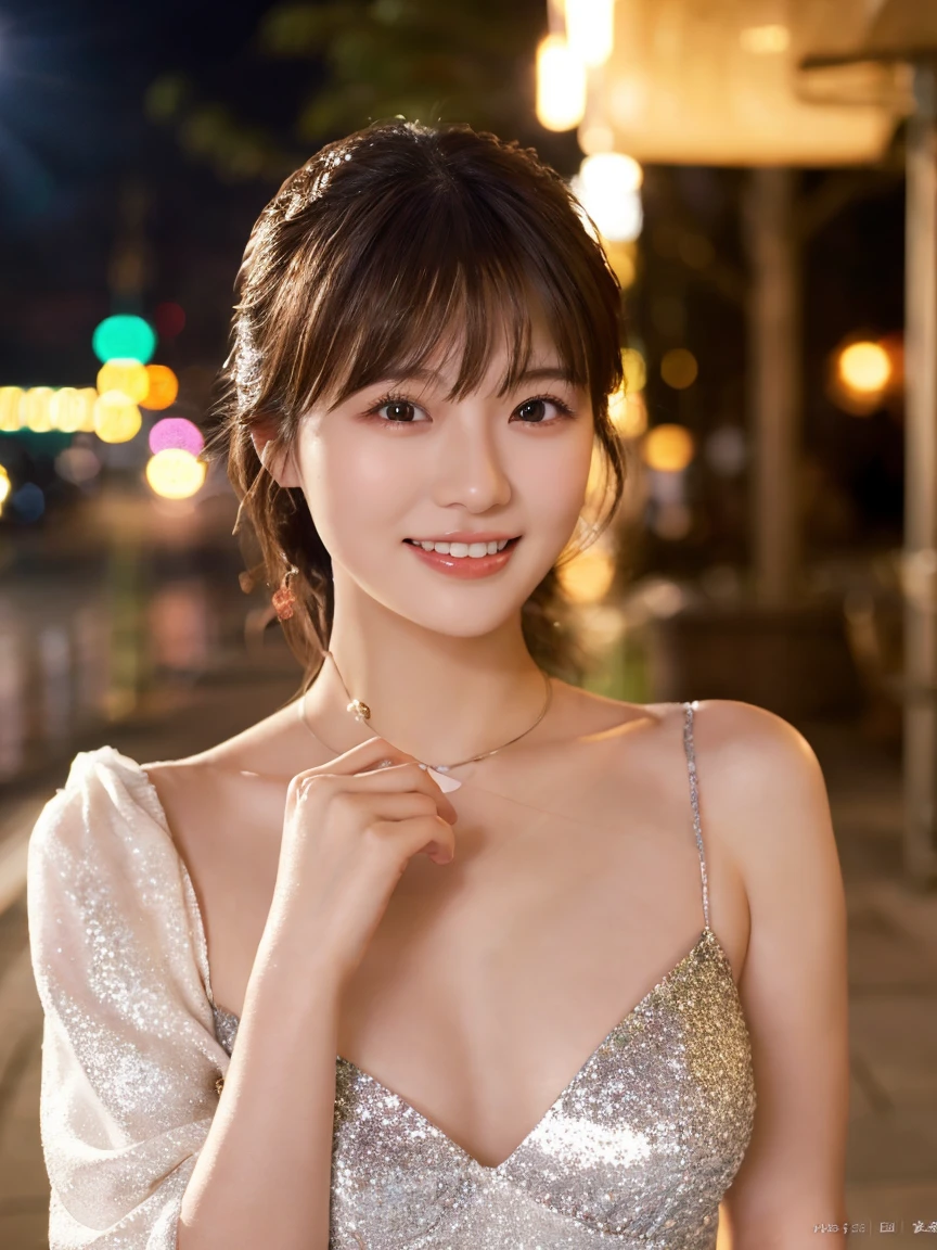1 Girl, (Wearing a white glitter dress:1.2), (RAW Photos, Highest quality), (Realistic, Photorealistic:1.4), Tabletop, Very delicate and beautiful, Very detailed, 2k wallpaper, wonderful, finely, Very detailed CG Unity 8K 壁紙, Very detailedな, High resolution, Soft Light, Beautiful detailed girl, Very detailed目と顔, Beautiful and detailed nose, finelyて美しい目, Cinema Lighting, City lights at night, Perfect Anatomy, Slender body, smile