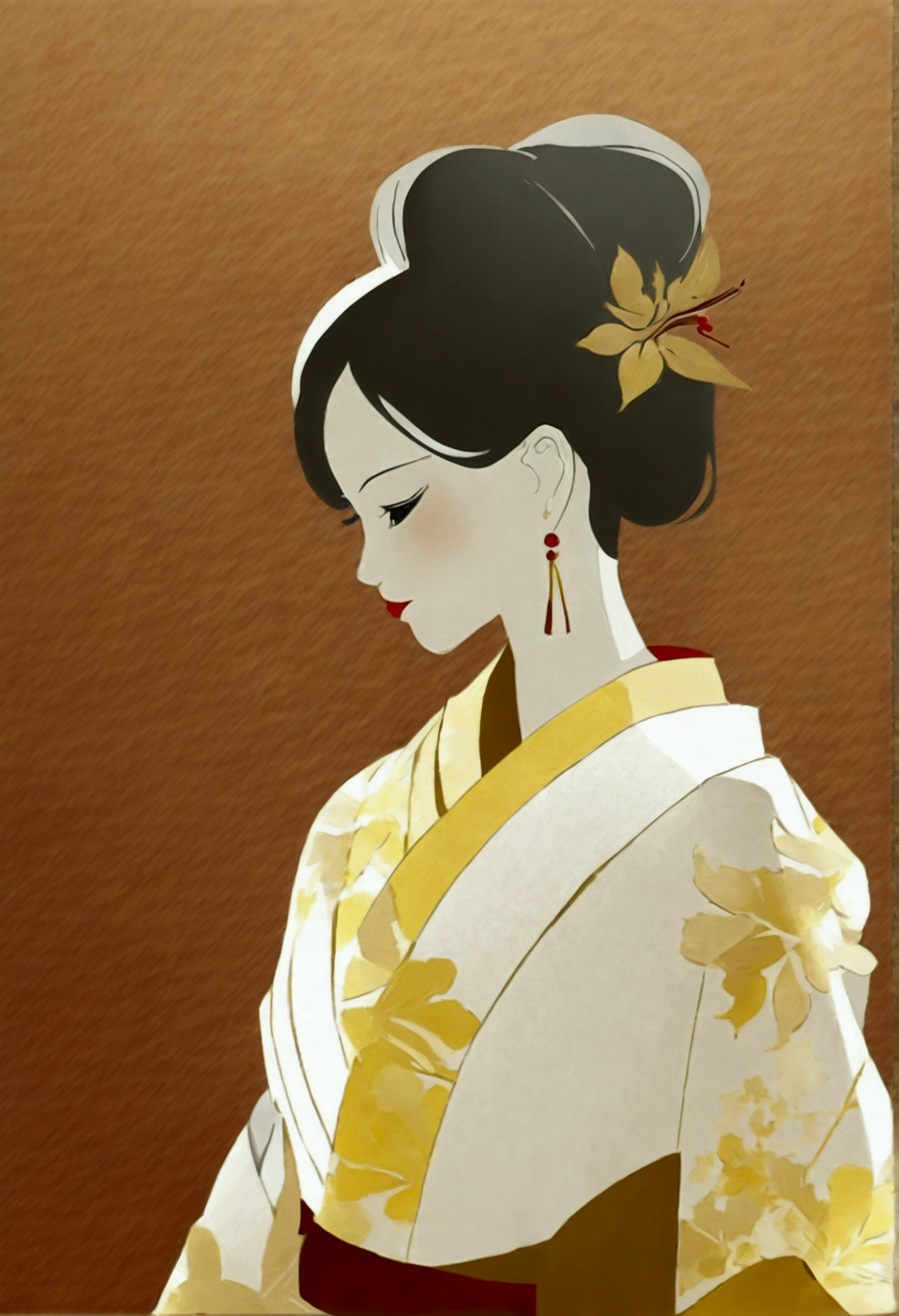 (Silhouette Art,cutouts:1.6)
(((Paper cutting art,A world where only black exists:1.3)

(Cowboy Shot),1 girl,Solo,
(Kimono Girl,profile:1.2),white, Clear and beautiful face,

BREAK
(Yellow and red autumn leaves)
Textured glass background,