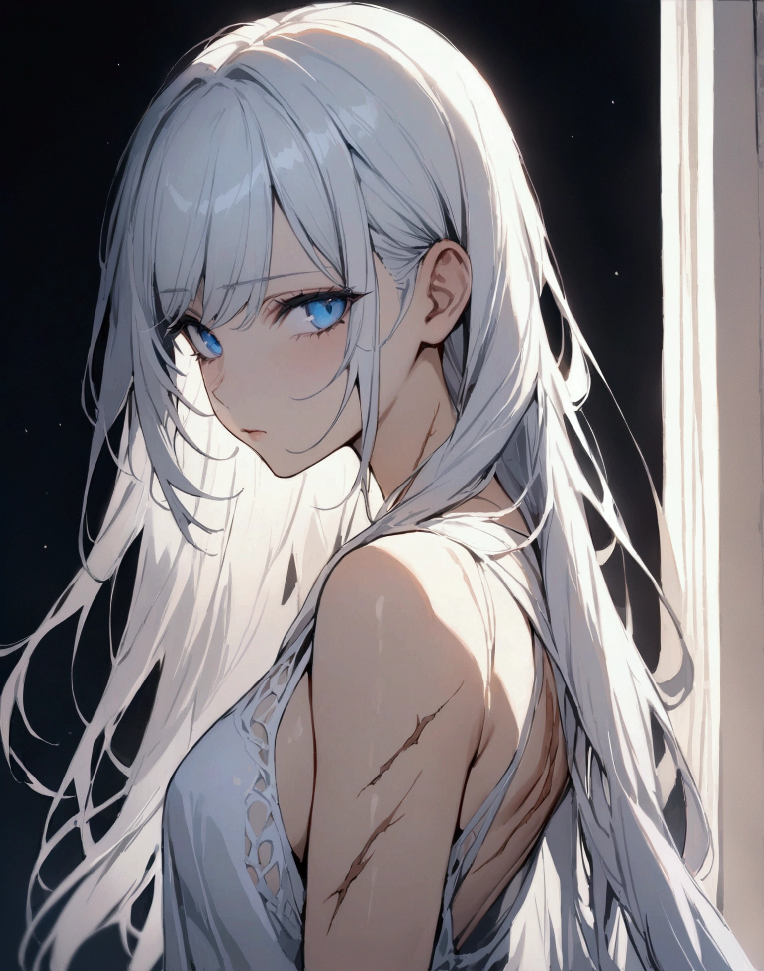 ((masterpiece)), ((best quality)), (from side1.32), (half-body shot:1.36), perfect anatomy, 1girl, solo, white hair, flowing hair, blue eyes, scars around body, white dress, dramatic lighting, looking at viewers