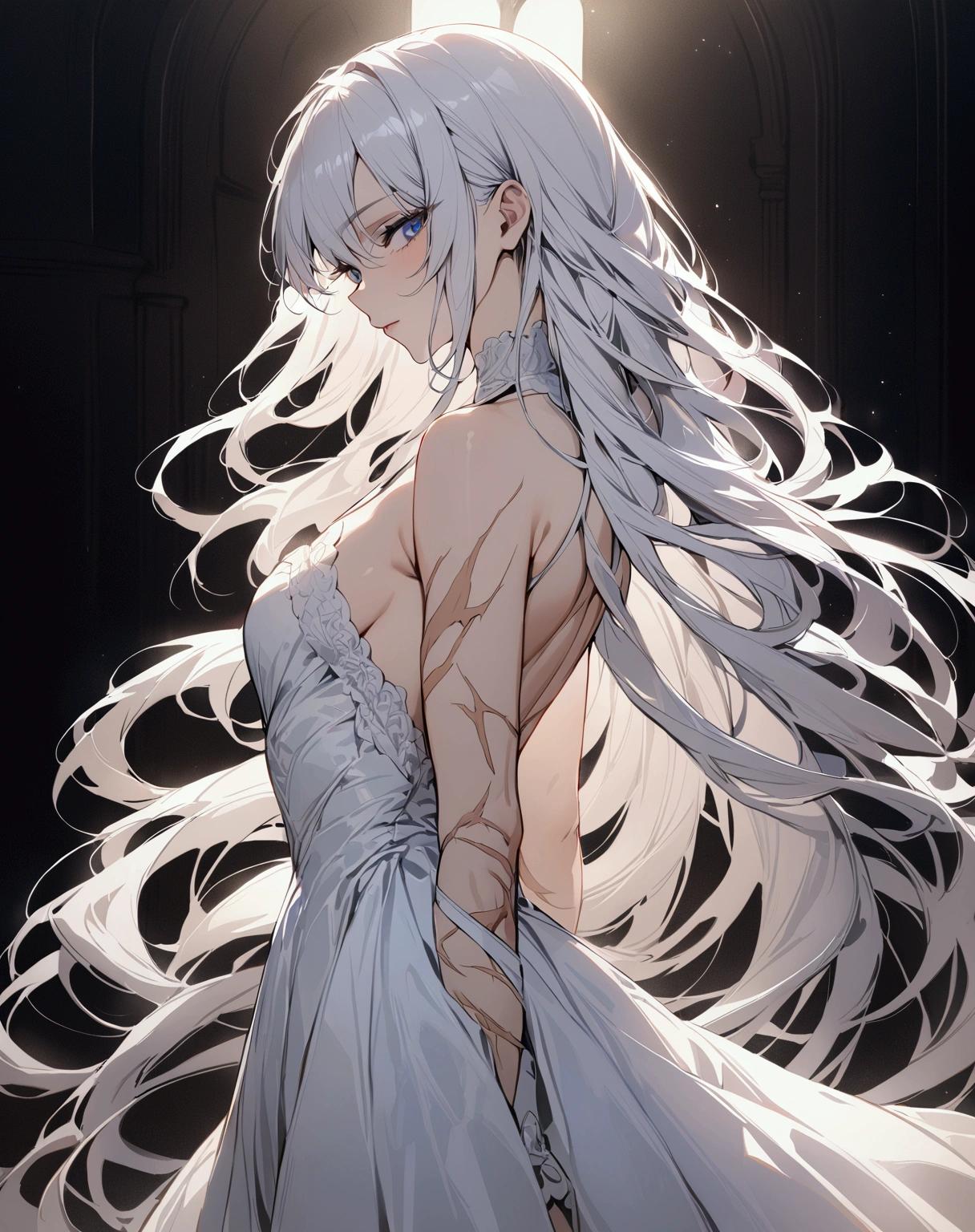 ((masterpiece)), ((best quality)), (from side1.32), (half-body shot:1.36), perfect anatomy, 1girl, solo, white hair, flowing hair, blue eyes, scars around body, white dress, dramatic lighting, looking at viewers