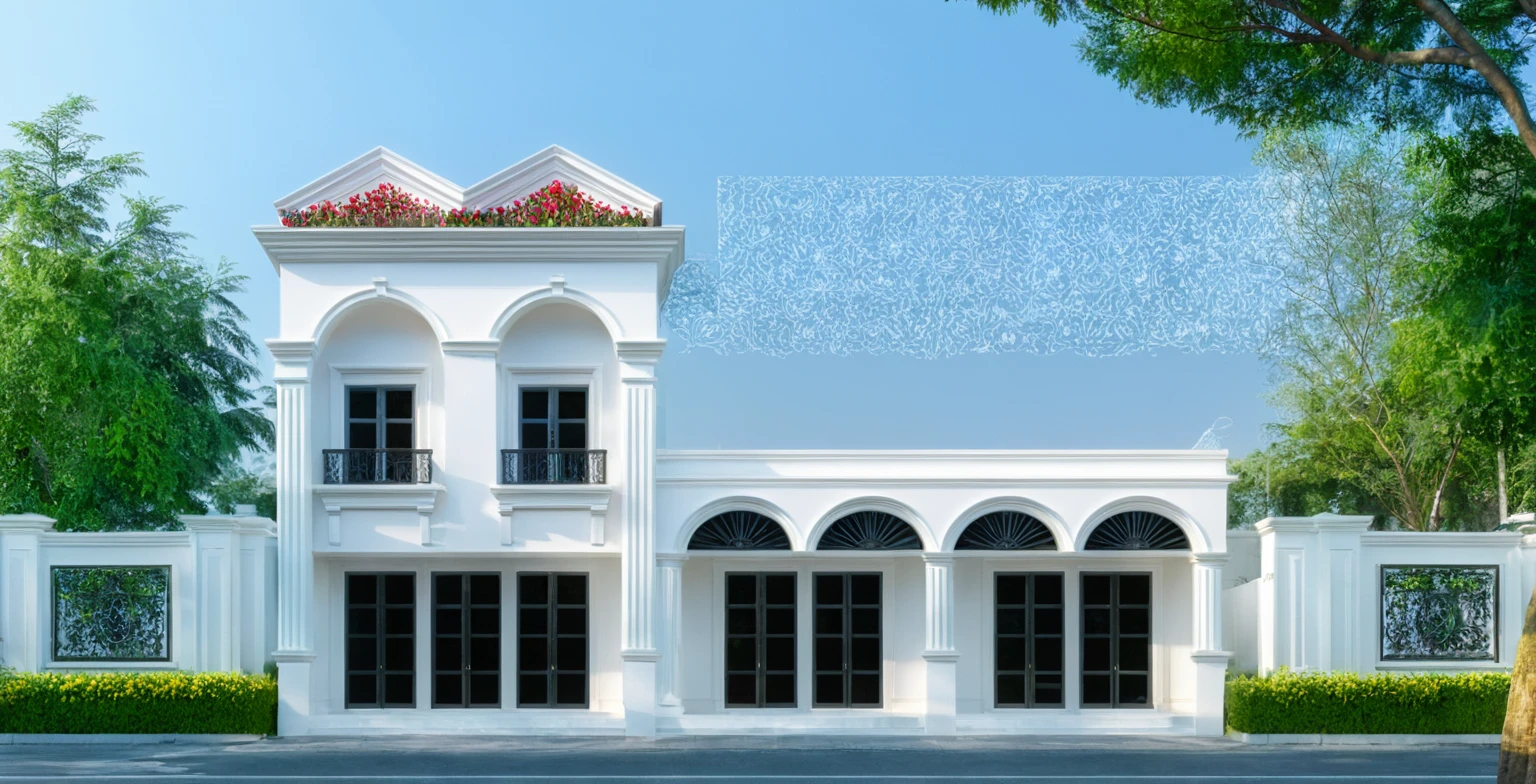 neo classical villa on street, (daylight), tropical tree, vivid colour, streetcapes, white tone, nice detail, white wall, large glass door, warm interior lighting, best quality, masterpiece, ultra realistic