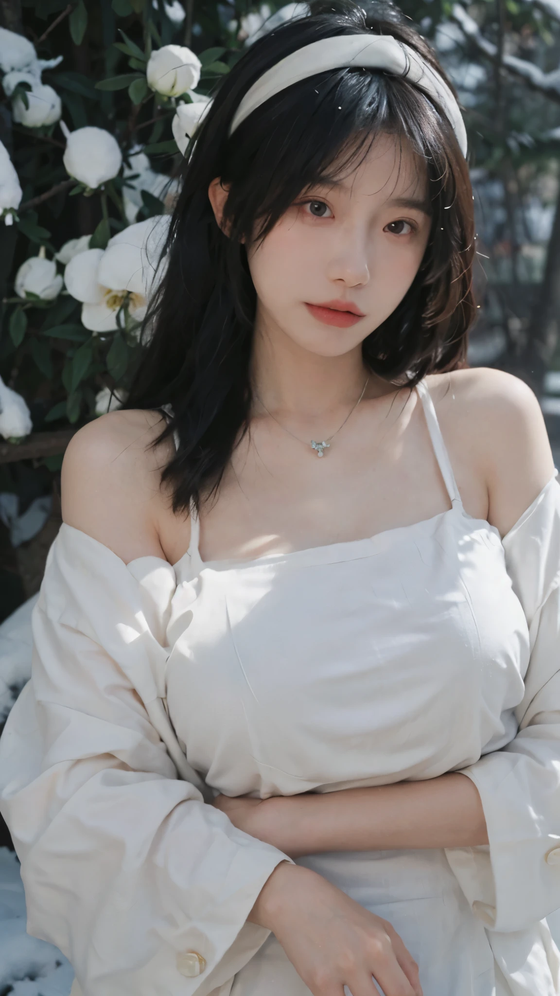 Portrait photography,1 girl,Snow Scene,Snowing background,Flowers,White,JK,Bare shoulders,whole body:1.4,Lipstick,(Big Breasts:1.6),Shoulder-Length Wavy Hair,Wear a necklace,Headband,serene,calm,(Realistic and detailed eyes,Natural skin texture,Realistic facial details),