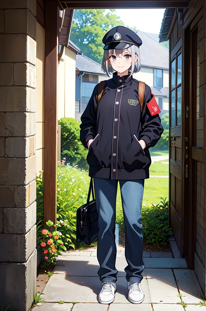 masterpiece, 32k, extremely detailed, finely detail, intricate details,
BREAK
(absurdres:1.1, highres:1.1, ultra detailed:1.1),
insanely detailed, absurdres,
(high resolution:1.1, ray tracing:1.1, refraction:1.1)
(1 female, 独奏:1.3), smile,
BREAK
perfect symmetrical face, postal delivery person, verry large shoulder bag, uniform of a postal delivery person, pants, postman's cap, black jaket, ((Silver Hair))
BREAK
(((full body))), standing,
BREAK