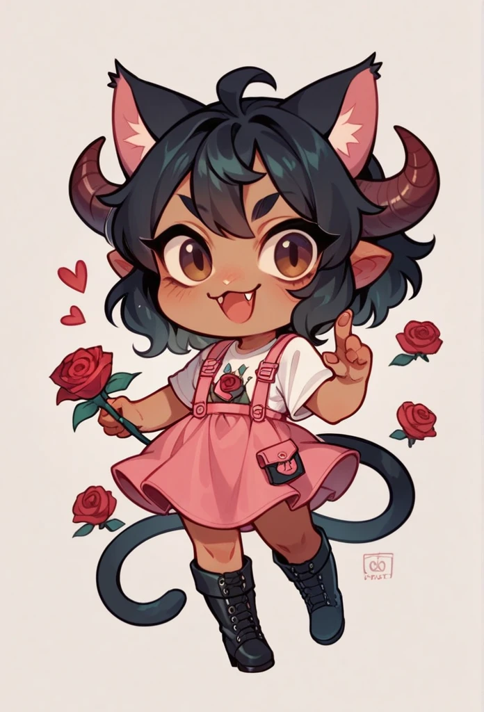 Chibi, beautiful woman, long wavy black hair, brown eyes, cat ears and tail, fangs, horns, with a red Rose in one Hand, clothing that consists of a pink dress-type jumpsuit, a short white T-shirt, and small black boots.