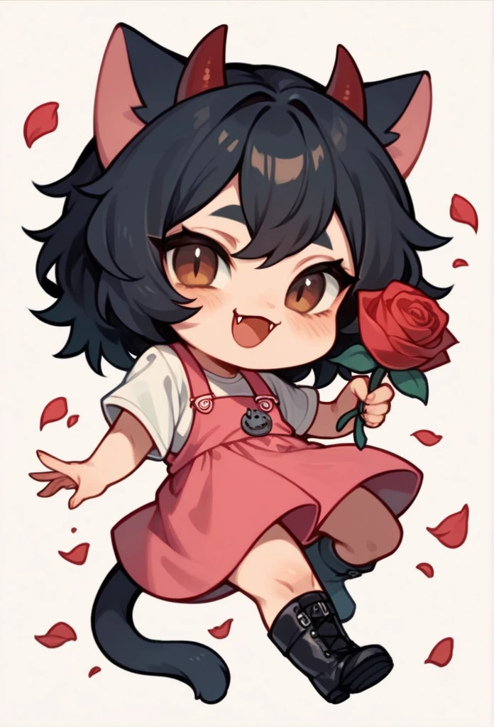 Chibi, beautiful woman, long wavy black hair, brown eyes, cat ears and tail, fangs, horns, with a red Rose in one Hand, clothing that consists of a pink dress-type jumpsuit, a short white T-shirt, and small black boots.