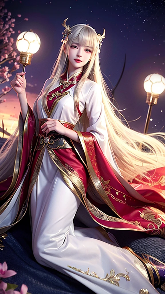 1 27-year-old girl,1 The future zodiac goddess,12 zodiac goddess pink purple,The 12 zodiac goddess wears a red silk dress and pants,Red and white Ao Dai hugging her body,12 Zodiac Pants and Audii,With delicate black lace,Thin Ao Dai,The future zodiac mythical goddess, Chinese zodiac,Shiny Deluxe Edition in Zodiac Style,dark and mystical,适合Chinese zodiac♏女神的头巾,red lip stick,thin and beautiful lips,Smile to attract the audience,Characters created by Carol Barker and Pino Diane,Intricate details background details,hyper-detailing,Light magic,A woman in a long silk robe,Clear face,Long gray hair,Beautiful face with flat bangs,Attention to detail and a well-proportioned body,(Transparent eyes:1.8),big and round eyes,The makeup also very delicate and detailed,imagining,Long silk dress mysterious makeup,Side-swept bangs dyed light blonde,Portrait top half,twelve constellations goddess avatar,Boom,forced and vivid,(stars that make up the zodiac: 1.7),(Sky background of zodiac signs:1.8),photo novel,RAW photogr,The best photos of Hanfu and the best quality photos,8K quality,8k ultra,hyper realisitc,coolest photo,