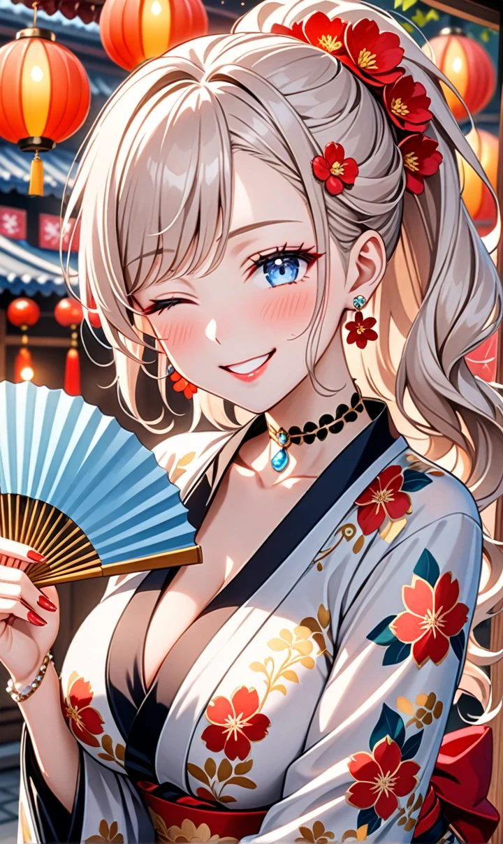 ultra-detailed, ((one girl)), (pale skin:1.4), in pastel colors gyaru, (heavy makeup), (professional lighting) hyper detailed, absurdres, 8K, Beautiful Face, (Laugh shyly), ((teasing smile:1.8)), ((Wink:1.7)), (Laugh with your mouth wide open),((Tilt your face:1.6)), View your viewers, ((Bright red cheeks:1.6)),Glossy Red Lips, ((Big Breasts:1.6)), ((undressing:1.3)), noon, Shrine festival stalls, ((Anime style background)),masterpiece, Highest quality, so beautiful,Latest, Complex details, (Pink long nails), (nail art), (ring),(bracelet), (Floral Choker),AI-generated, Complex,High resolution, Highest quality, super high quality,3D Images、3D Images,One person,Pastel silver long hair,(High Ponytail), (wavy hair:1.3), Pastel anime woman posing for a photo, ((Fine grain、blue eyes、glowing eyes:1.4)), (Squint your eyes:1.1), (one eye closed:1.6), a hyperRealistic , hyperRealistic , Realistic,Anime woman with long pastel white hair, Smooth anime CG art, A girl in a gorgeous black kimono, ((Black long-sleeved kimono)),(Large red floral pattern), Golden embroidery, (sideboob), Long flower hair ornament,Floral Earrings, Mature Body, tall,Narrow waist, (from front), ((leaning forward:1.2)), ((upper body)), ((Holding a fan in your hand:1.3)),(sweat),