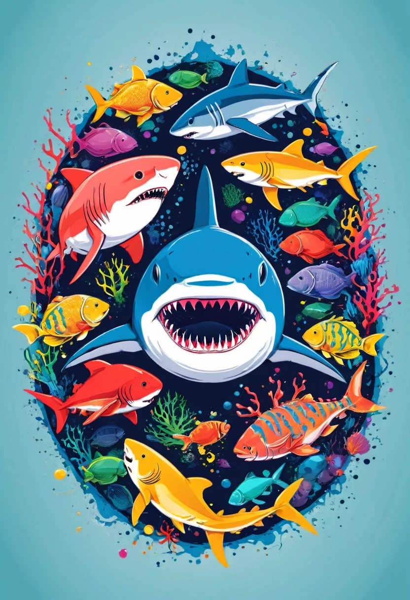 A circular vector art t-shirt with stains and paint splatters featuring a colorful illustration of sharks, crabs, fish, oysters under the sea, in the center, vibrant colors, paint splatters and stains, high detail, t-shirt designs (work of art, best quality, professional, perfect composition, very aesthetic, absurdrez, super detailed, Intricate details:1.3