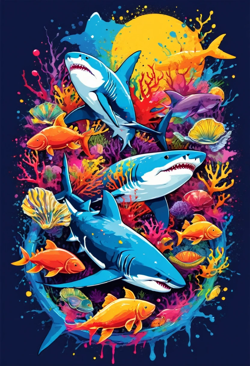 A circular vector art t-shirt with stains and paint splatters featuring a colorful illustration of sharks, crabs, fish, oysters under the sea, in the center, vibrant colors, paint splatters and stains, high detail, t-shirt designs (work of art, best quality, professional, perfect composition, very aesthetic, absurdrez, super detailed, Intricate details:1.3