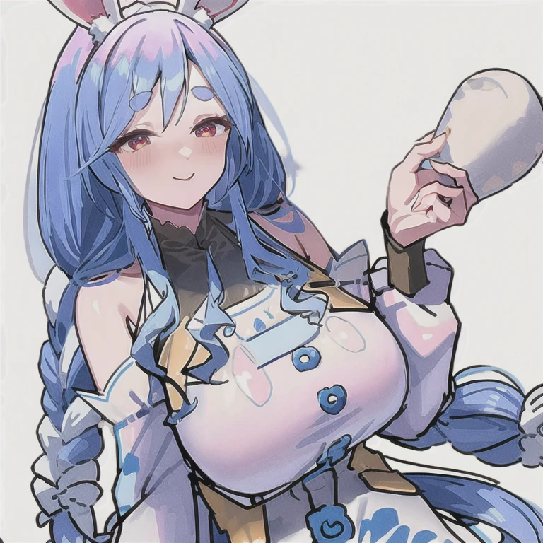 One girl, Braided Ponytail, Bunny ears, apron、Light blue hair、Wavy Long Hair、Huge breasts、nagatiti