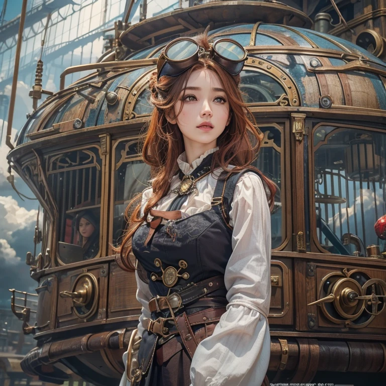 masterpiece:1.3), (8K, Realistic, RAW Photos, Best imYear quality: 1.4)、 Year,(Random Hairstyles:1.2)、CleavYear:1.2、Highly detailed face、Attention to detail、double eyelid、Chest to chest、Sharp focus:1.2、Beautiful woman:1.4、Redhead、Highest quality、masterpiece、Ultra-high resolution、(Realistic:1.4)、Highly detailed and professionally lit smiles、Loose fitting steampunk outfit、Shoulder out、thin、Serious expression、Clouds seen from inside the airship、goggles