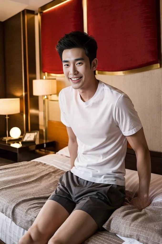 Korean man, Inspiration from Peng Yuyan, 23 years old, Korean muscular man ，Bedroom in a luxury hotel, behind a red T-shirt., open mouth smile