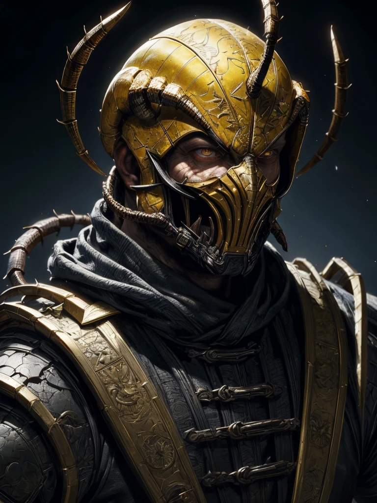 a portrait, scorpion from mortal kombat, detailed white eyes, bladk anc yellow armor, hood, veins on his arm, Intricate, High Detail, Sharp focus, dramatic, photorealistic painting art by greg rutkowski