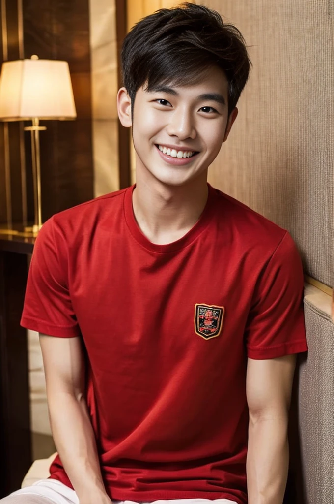 Korean man, Inspiration from Peng Yuyan, 23 years old, Korean muscular man ,Bedroom in a luxury hotel, behind a red T-shirt., open mouth smile