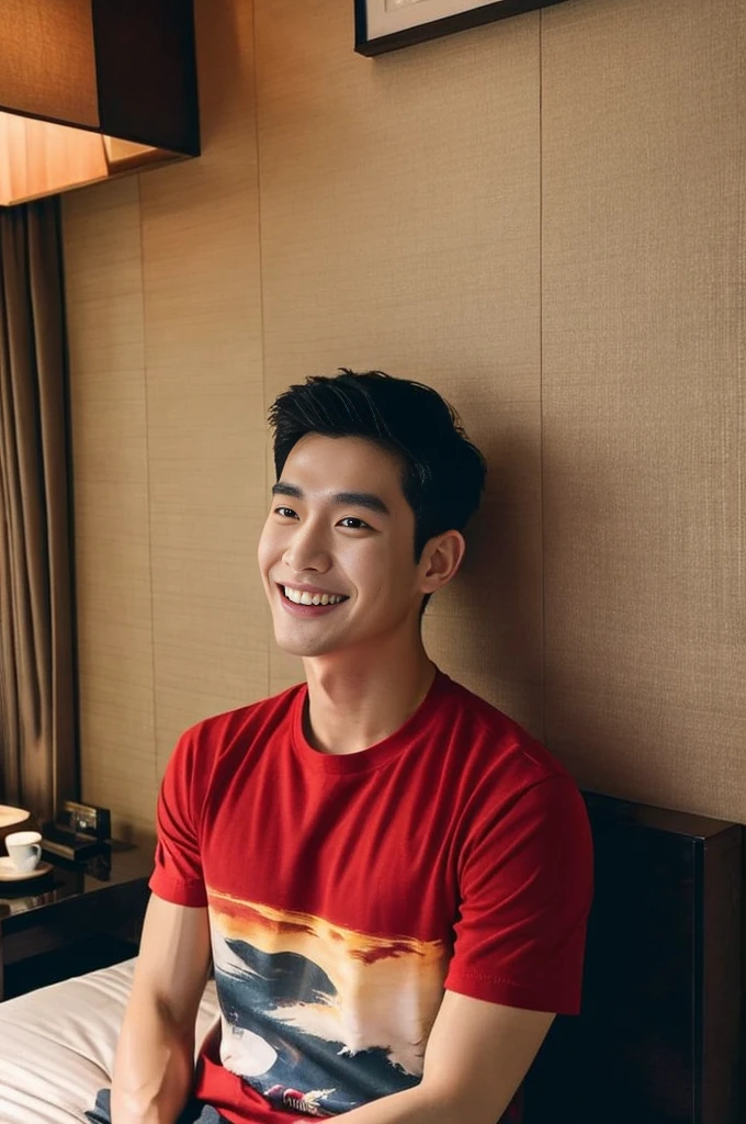 Korean man, Inspiration from Peng Yuyan, 23 years old, Korean muscular man ,Bedroom in a luxury hotel, behind a red T-shirt., open mouth smile
