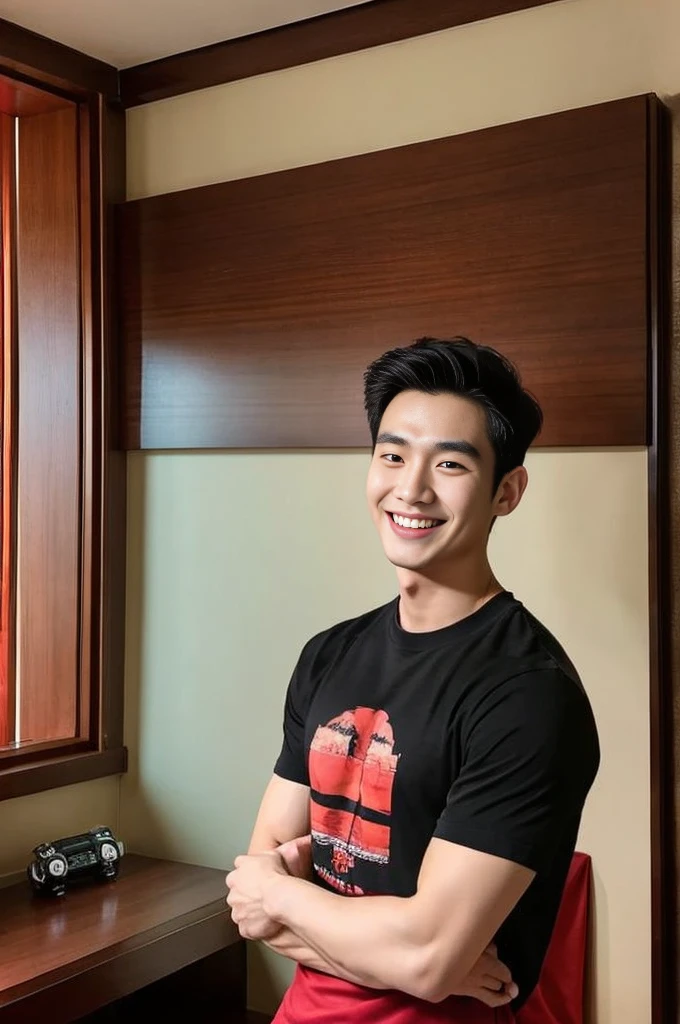 Korean man, Inspiration from Peng Yuyan, 23 years old, Korean muscular man ,Bedroom in a luxury hotel, behind a red T-shirt., open mouth smile