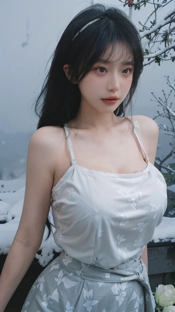 Portrait photography,1 girl,Snow Scene,Snowing background,One shoulder butterfly print dress for women in summer sexy hot girl slim waist hip skirt,Flowers,White,whole body:1.4,Lipstick,(Big Breasts:1.6),Headband,serene,calm,(Realistic and detailed eyes,Natural skin texture,Realistic facial details),