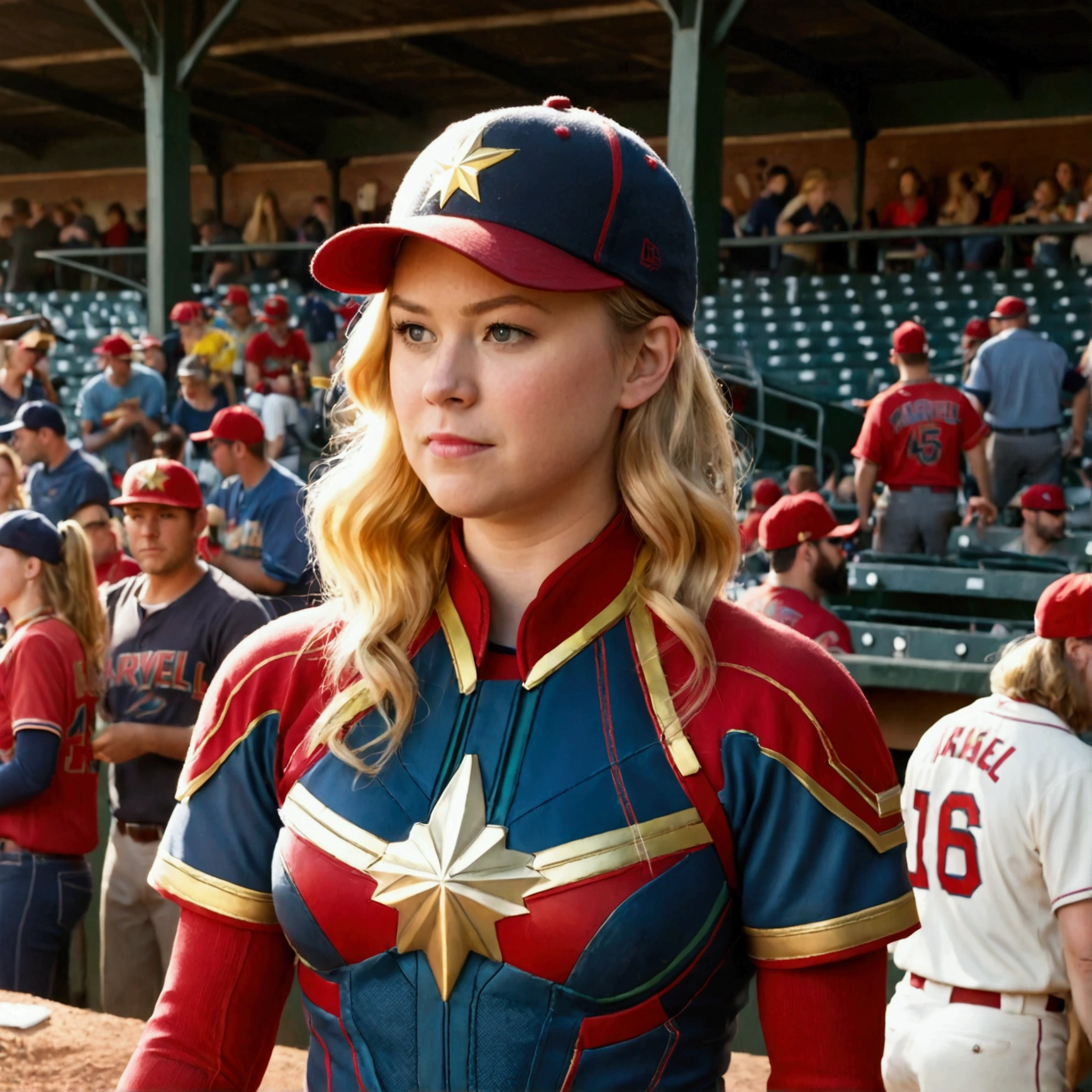 (Brea Larson, age 25, Captain Marvel, baseball cap, chewing tobacco) she is pitching the baseball, crowded dugout, baseball game