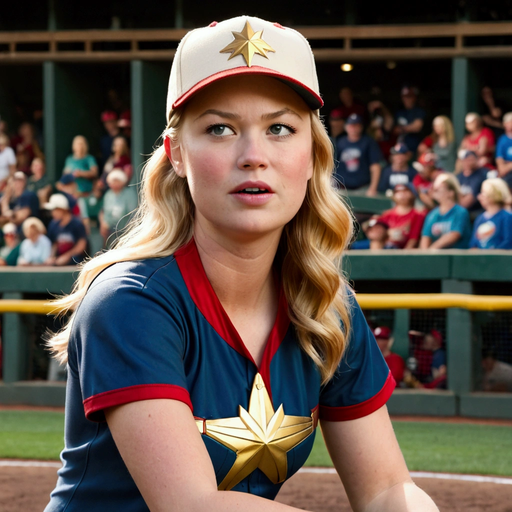 (Brea Larson, age 25, Captain Marvel, baseball cap, chewing tobacco) she is pitching the baseball, crowded dugout, baseball game