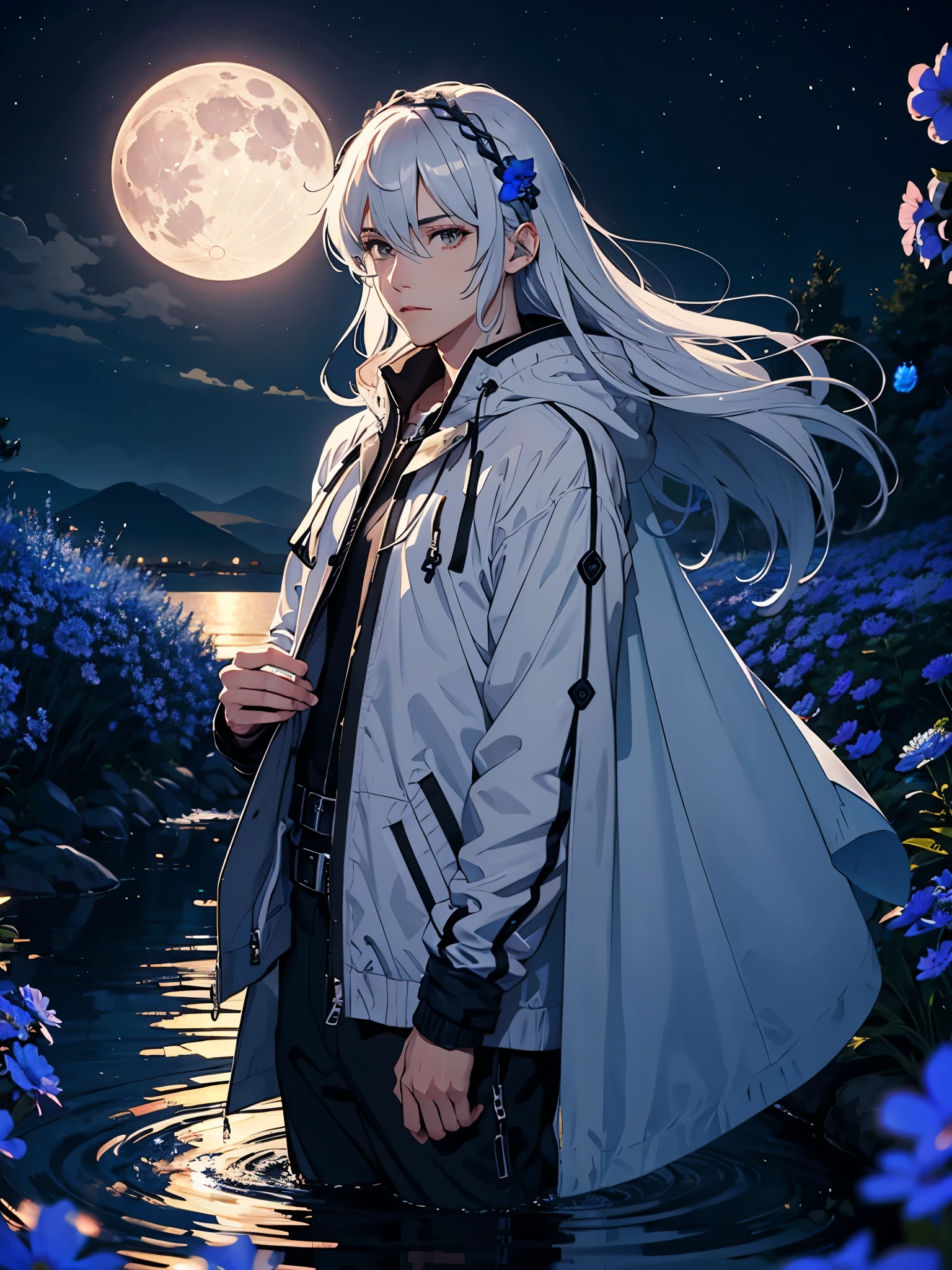 Modern jacket. Modern times. Blaie Clothing. Lightening flowers. More anime. male. Blue flowers. Long hair. long white hair. aquatic, boy, God of the Moon, silver hair accessories, White hair, White dress, cape, at night.