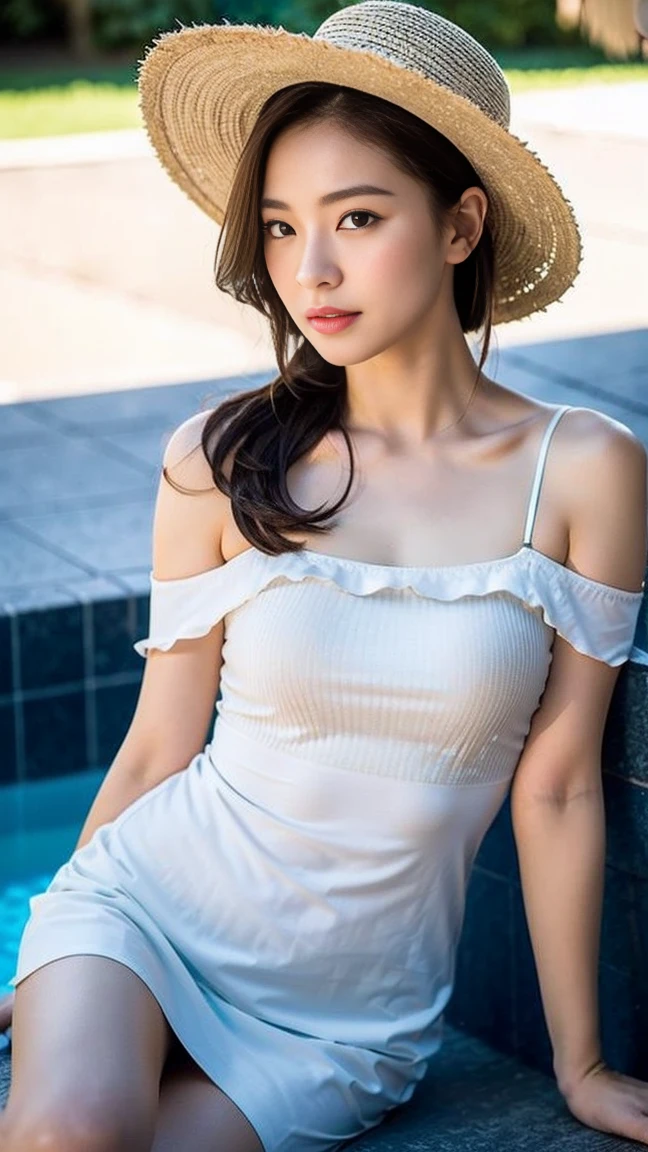 Dark brown hair、Light brown eyes、Japanese actress、 Lady、I am about 40 years old......、(Intricate details:1.2)、(Which is the top??????:1.4)、 (Ultra-high resolution:1.2)、Ultra-high resolution、(Finely tuned)、(Detailed facial features)、Hmph、8K resolution、D cup size breasts、Long Hair、Updostyle, Updo、Hair Bun、1 Girl, Deep sorrowの表情, (Very detailed美しい顔), (camisole:1.5), (Bare shoulders:1.3), (Highest quality:1.4), (Very detailed)、Beautiful fair skin with transparency,、Top View、  Please open your mouth a little、Her legs are visible through the dress、Deep sorrow、Pose of Weakness、Obscene pose、Sit on the pool bed、、By the pool、Beach Bed、Summer cot、Wide-brimmed hat、Actress Cap、under the sun、sunlight、Wide-brimmed hat、Straw hat、Hats to wear at the resort、One eye is hidden by the brim of his hat、elegant、