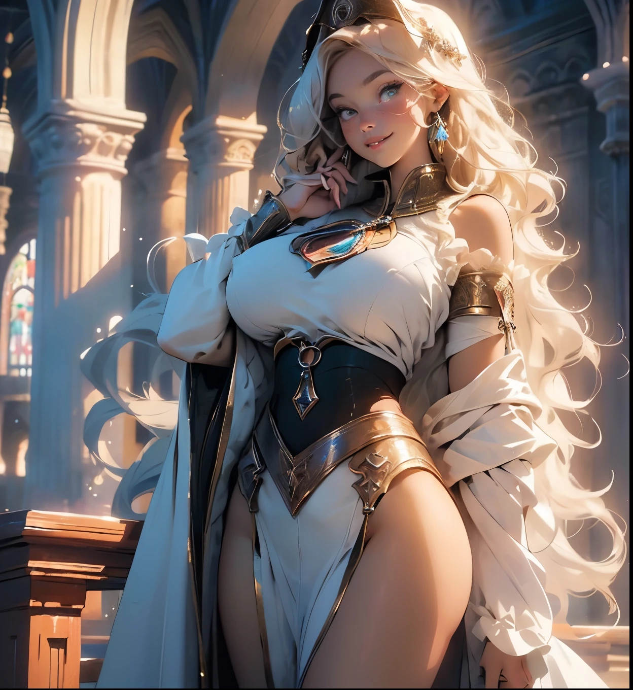 Melancholy lighting, Take it easy, calm, shine, masterpiece, best quality, 1 girl, pointy ears, (JinxLol: 1.2), (ultra photorealistic: 1.3), (masterpiece: 1.4), best quality, ((realistic)), high quality, Ultra Detailed, ((real image)), ((realistic skin)), ((realistic face)), (illustration: 1.05), (beautiful: 1.05), (beautiful detailed eyes: 1.05), (cinematic light: 1.1), full body, accurate proportions, 25-year old girl, CURVY model (wearing sexy priestess :1.6), (exposing big boobs:1.7), (showing her FULL body :1.7) (in a church setting :1.2), (sexy posing:1.5), waves, BLOND hair fluttering in the wind, long legs, slightly open feet, butt, blushing, shyness, clavicle, abs, double texture, beautiful and delicate face, fair skin, real skin, (face detail), couples, super high res, 8k, parameters Best quality, masterpiece, super high res, (Realistic 2.0), more details, detailed skin, wide smile, white teeth, VOLUMINOUS GINGER BLONDIE hair, perfect and well-drawn eyes, girlfriend, cute, pretty, studio illumination, (((PERFECT EVEN EYES:1.1)))