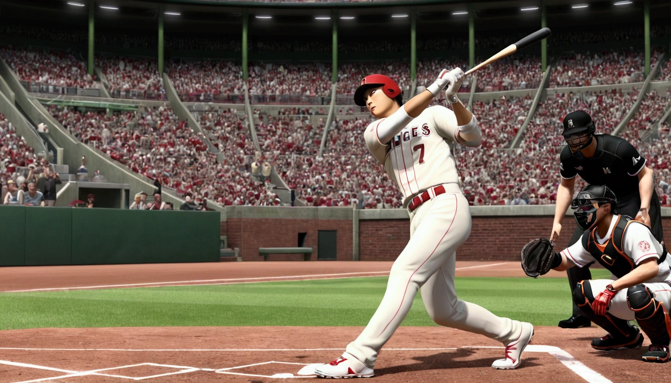 score 9, 1boy, Shohei Ohtani is hitting home runs, batting stance, detailed, realistic, hyper realistic, photorealistic, best quality, 