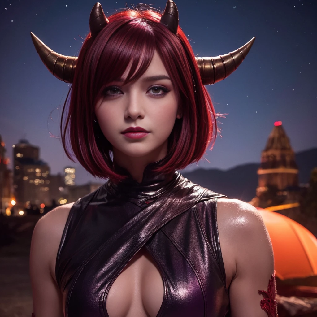 Devil Woman Dark background Metallic red hair Bob hair Purple eyes Horned Muscular body Stargazing