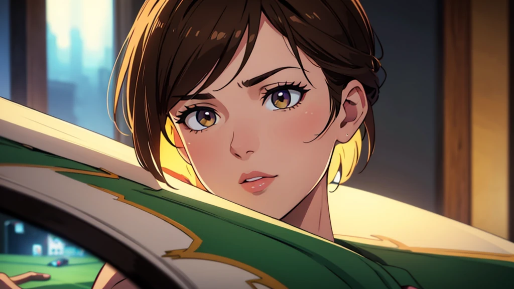 a white boy with greenish-brown eyes, a lean and defined body, short brown hair on the sides, ultra hd, hd, high resolution, playing video games, beautiful detailed eyes, beautiful detailed lips, extremely detailed eyes and face, long eyelashes, realistic, photorealistic, photo-realistic:1.37, studio lighting, ultra-fine painting, sharp focus, physically-based rendering, extreme detail description, professional, vivid colors, bokeh, portraits, gaming