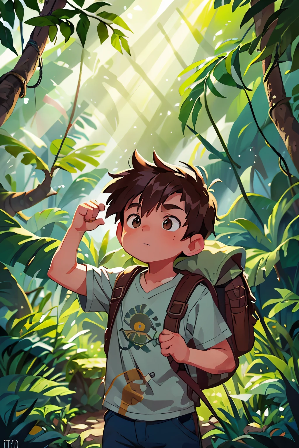 Adventurous and brave 10-year-old boy with auburn hair, clad in casual explorer attire, navigating through a dense jungle. The scene is richly detailed, filled with lush greenery, intricate plant patterns, and realistically rendered wildlife. The boy's keen eyes are focused on the path ahead, a sense of determination etched on his young face. The sun casts dappled light through the canopy, creating beautiful shadows and highlights on his smooth skin. His hands, calloused from his numerous expeditions, grip his worn-out backpack tightly. The jungle, teeming with life, is a breath-taking tableau, its vibr