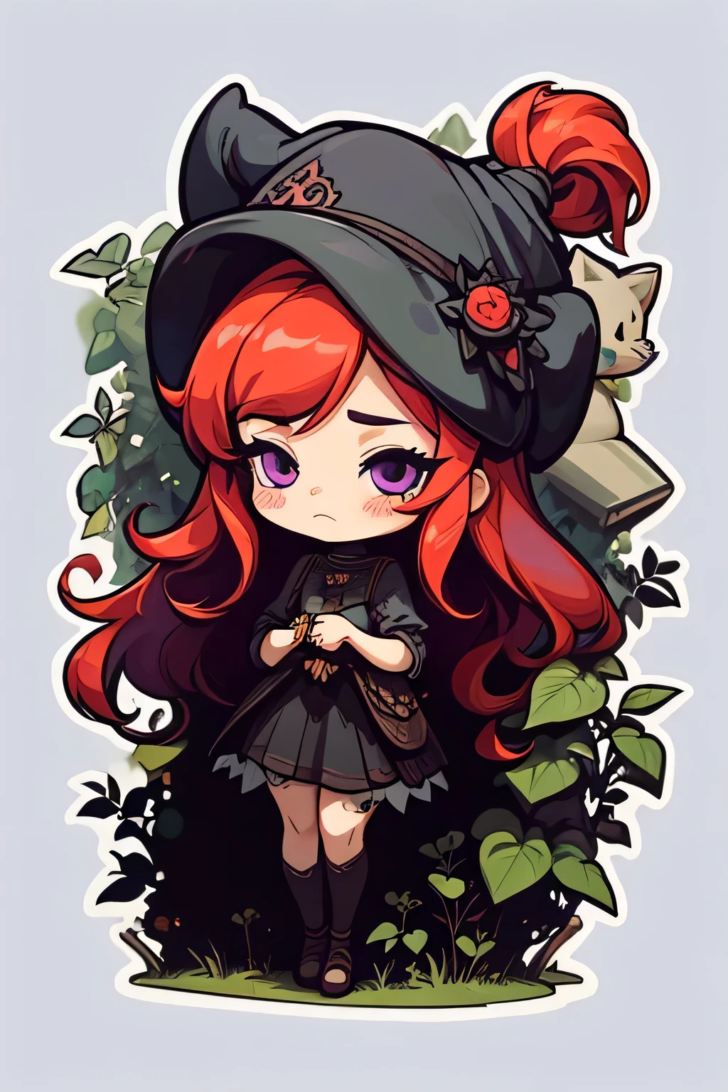 a sticker,girl with red hair, light black skin, purple colored eyes, long hair, plants, magie, drawing image, simple background, Cute cartoon, Gothic style, chibi style, highy detailed, highest quallity, high details, work of art, black leagwear