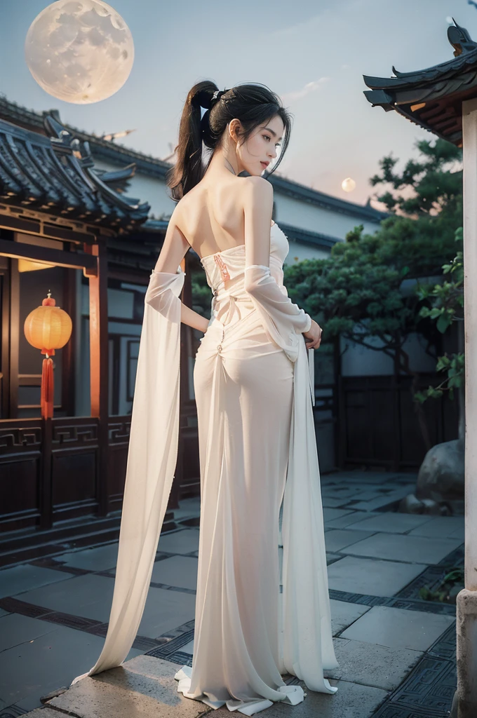 (((best quality))),(((ultra detailed))),(((masterpiece))),illustration,((1 beautiful girl,solo)),(short ponytail:1.2),((bright eyes,gentle smile)),((slim,thin)),((strapless,shoulder off,bare back,towering hips,butt crack)),(white see through sheer Hanfu:1.3),flowing fabric,serene demeanor,vibrant plants and trees,(Chinese-style architecture:1.3),tile roofs,intricate wooden carvings,rich and vivid colors,(serene glow of the moon:1.5),(((colorful clouds))),traditional Chinese garment,(((summer night,village courtyard))),((standing)),(from back:1.3),(upper body:1.3)