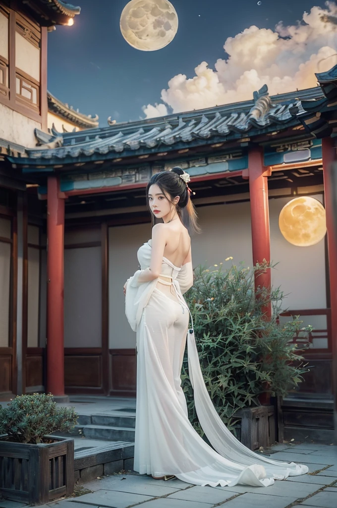 (((best quality))),(((ultra detailed))),(((masterpiece))),illustration,((1 beautiful girl,solo)),(bun hair:1.2),(Ghostly makeup:1.3),(fair skin:1.5),(red lips:1.2),((earrings,necklace)),((slim,thin)),((bare back,towering hips,butt crack)),(black floral embroidered lace bellyband:1.5),(thigh loop:1.3),(stockings:1.3),(standing:1.3),(A huge moon in the sky:1.3),(moonlit Chinese garden courtyard:1.3),(Ghost Festival:1.3),(Ghostly flames are drifting in the air:1.3),elegant and sophisticated,intricate patterns,curves,dark color,striking visual appeal,ethereal,enchanting,ghostly black blossoms,swaying branches,stone pathways,moss,eerie shadows,ancient pavilion,intricate wooden structure,mystery and intrigue,cicadas chirping,auditory symphony,embodiment of the festival's spirit,bathed in the moon's glow,delicate features,raven-black hair,waterfall of darkness,moon's luminance,captivating allure,sleek fabric,clung to frame,accentuating curves,highlighting beauty,striking appearance,ethereal beauty,hauntingly beautiful scene,captured essence,blend of beauty and mystery,(night scene:1.3),((from back,upper body))