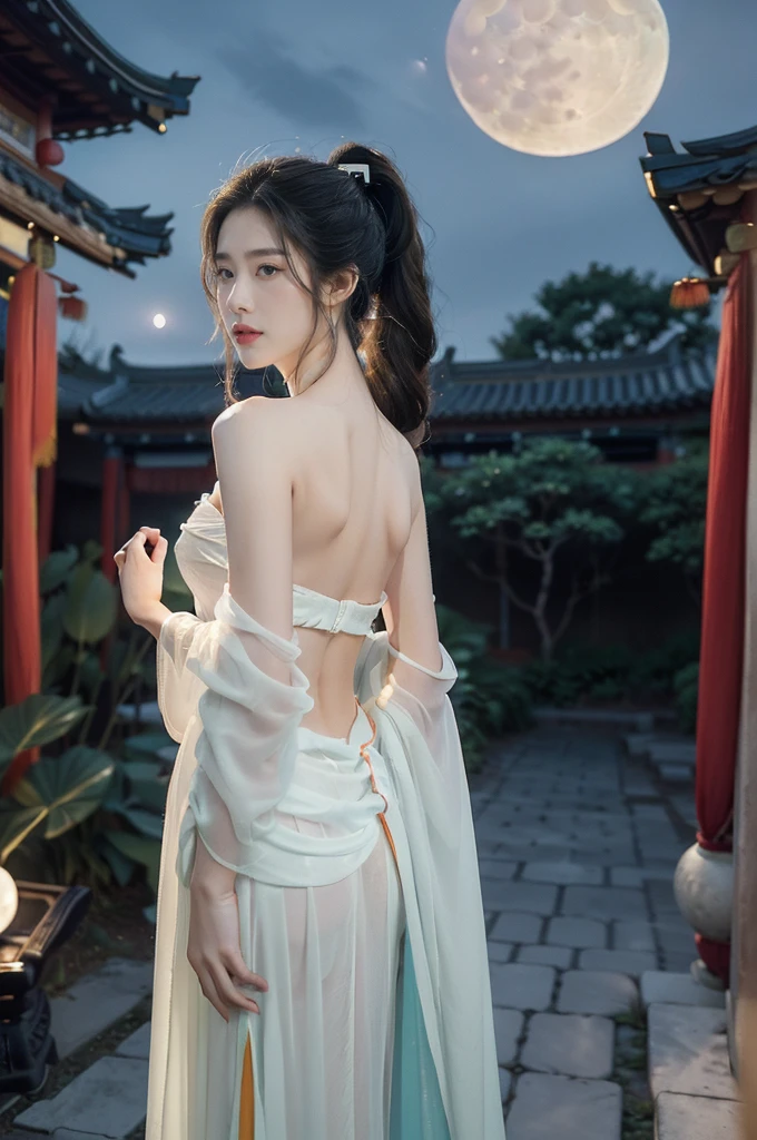 (((best quality))),(((ultra detailed))),(((masterpiece))),illustration,((1 beautiful girl,solo)),(short ponytail:1.2),((bright eyes,gentle smile)),((slim,thin)),((strapless,shoulder off,bare back,towering hips,butt crack)),(white see through sheer Hanfu:1.3),flowing fabric,serene demeanor,vibrant plants and trees,(Chinese-style architecture:1.3),tile roofs,intricate wooden carvings,rich and vivid colors,(serene glow of the moon:1.5),(((colorful clouds))),traditional Chinese garment,(((summer night,village courtyard))),((standing)),(from back:1.3),(upper body:1.3)