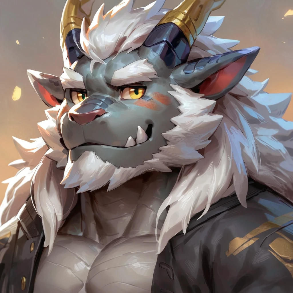 (artist: gamma_g, lindong, null-ghost, dangpa) 1male, sfw, eastern dragon, character design, bara, one fluffy tail, old man, fluffy mane, perfect eyes, grey body, white hair, background, solo, scales, detailed scales, golden decals, everyday clothes, sharp short ears, yellow iris, white sclera, big eyes, white beard, sharp iris, thick thighs, muscular legs, veiny, fluffy hair, detailed face:2.0, one tail, masterpiece:2.0, sharp fang, perfect eyes, smug, chest fluff, (SuperQuality:1.0) ~ (SuperQuality:1.2)