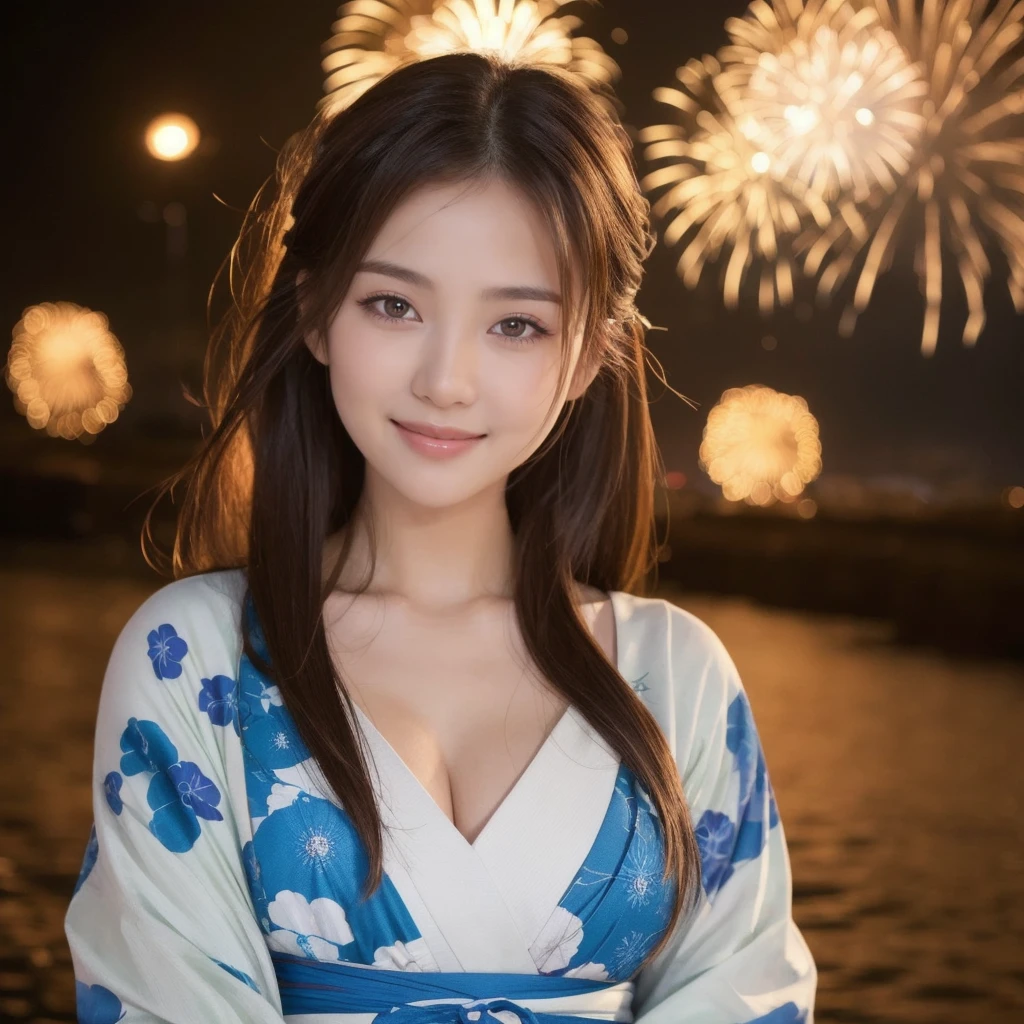8k,Highest quality,(masterpiece:1.2),(Realistic),(Realistic:1.37),Ultra-high resolution,One Young Woman,((smile)),night,Big Breasts,Beautiful Eyes,festival grounds,(((Fireworks bursting into the sky))),(((night))),(((yukata))),Perfect body,Perfect Fingers,Professional Lighting,gravure,Detailed face and skin texture,fine grain,RAW Photos