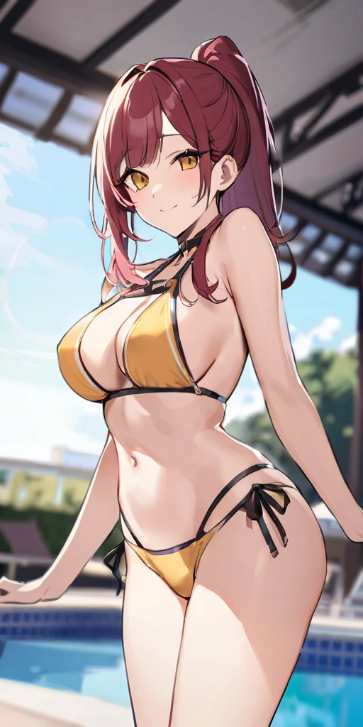 ((Hands beside the body)),((Highest quality、masterpiece:1.3))、Long legs、Sharp focus:1.2, Beautiful woman with perfect figure:1.4、(Smiling:1.2), double eyelid、30-year-old female、Sexy pose、((((One Woman、bikini)))),(((((one women,pool side:1.5)))))、((standing, cowboy shot:1.5))、
