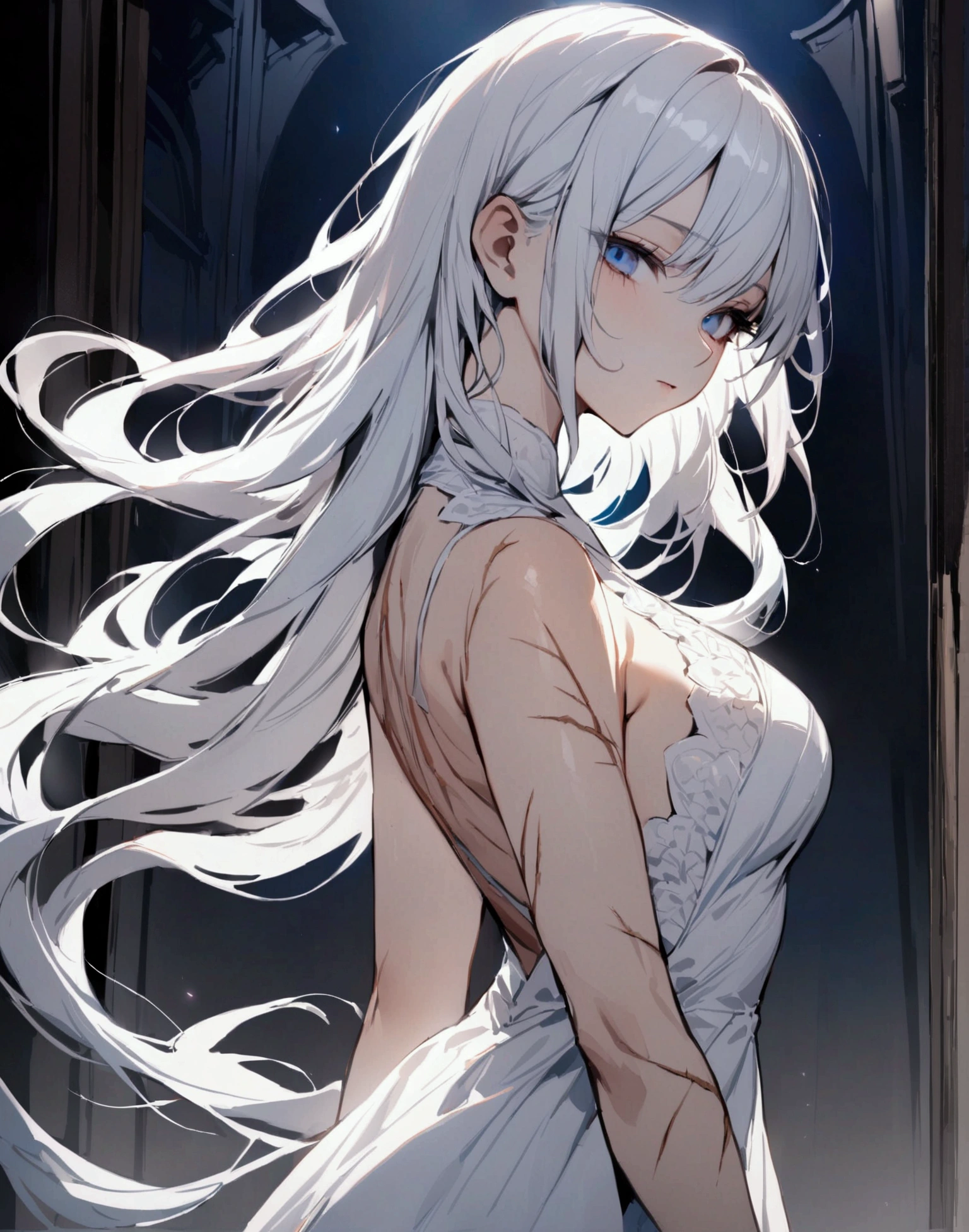 ((masterpiece)), ((best quality)), (from side1.32), (half-body shot:1.36), perfect anatomy, 1girl, solo, short white hair, flowing hair, shining blue eyes, scars around body, white dress, dramatic lighting, looking at viewers
