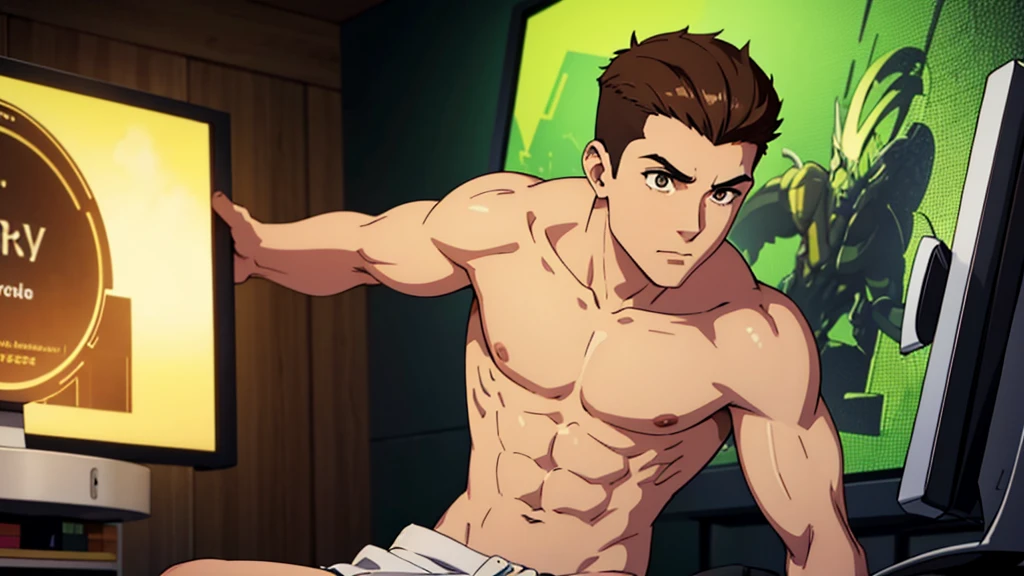 A white boy with greenish brown eyes, slim and defined body, brown hair shaved on the sides, ultra HD, HD, high resolution, playing video game
