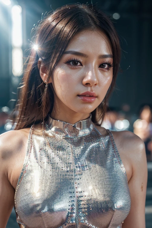 (8K, raw image, realistic:1.25) ,( Lip balm, eyelash, shiny face, shiny skin, best quality, very high, depth of field, Chromatic aberration, Corrosive substances, wide light, natural shading,kpop idols) She looked at the audience with the calmness of a goddess.,