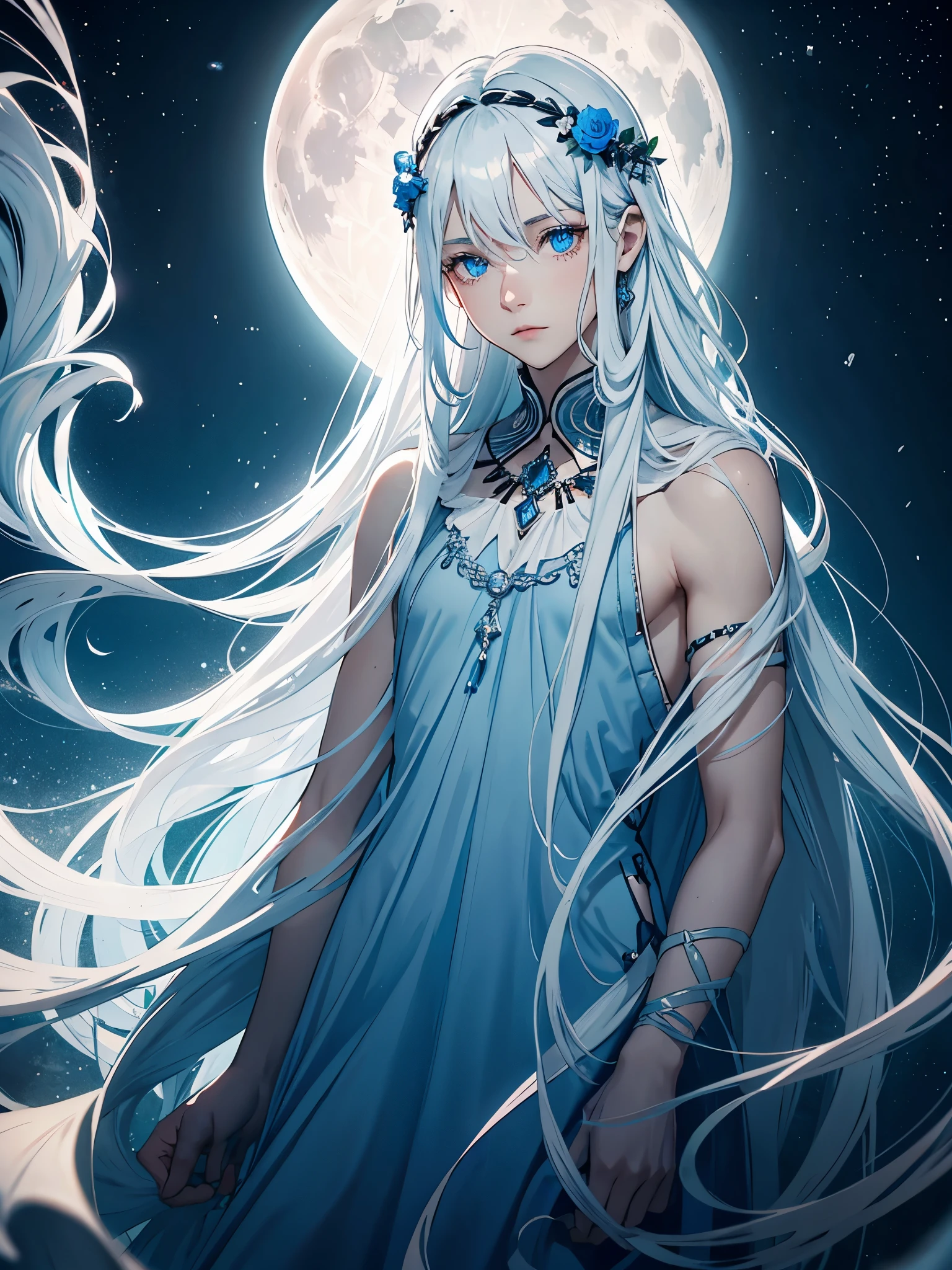 Schwarze kleidung. Light blue flowers. Long hair. long white hair. aquatic, boy, Goddess of the Moon, silver hair accessories, White hair, White dress, cape, at night, saturated colors, light eyes, bright, light blue light, blue eyes, Jewelry silver, bluish light, Full moon in the background, aquatic in der Luft rosa kerzen
