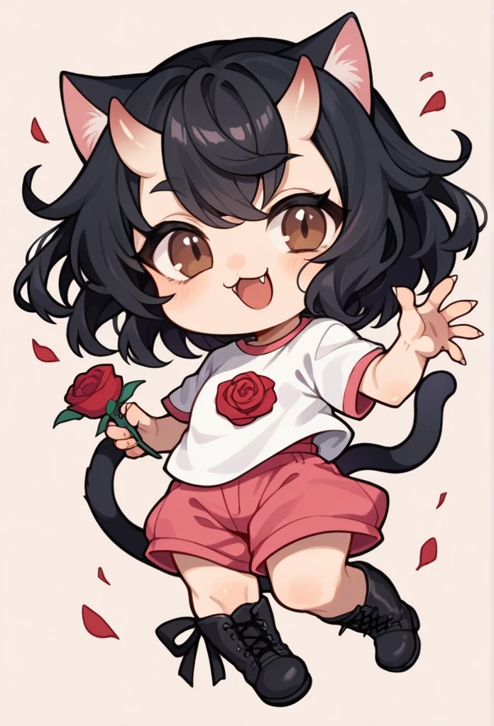 Chibi, beautiful woman, long wavy black hair, brown eyes, cat ears and tail, fangs, horns, with a red Rose in one Hand, clothing that consists of a pink dress-type jumpsuit, a short white T-shirt, and small black boots. accompanied by her black and white cat.