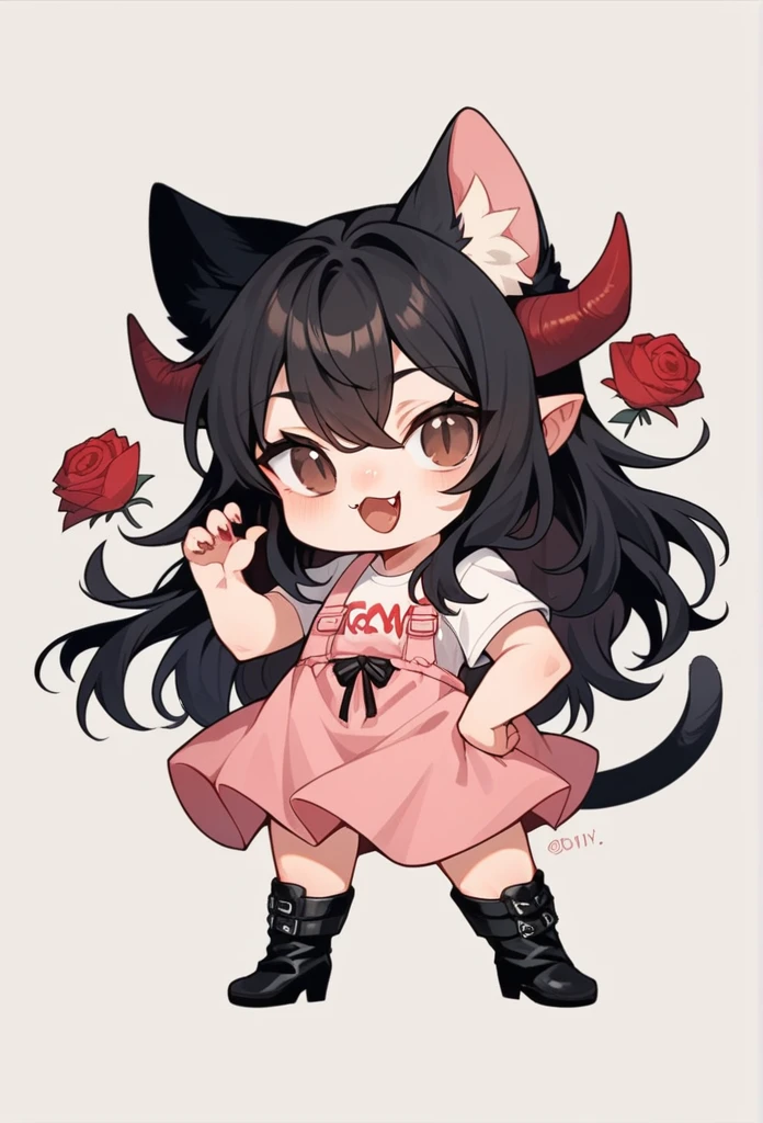 Chibi, beautiful woman, long wavy black hair, brown eyes, cat ears and tail, fangs, horns, with a red Rose in one Hand, clothing that consists of a pink dress-type jumpsuit, a short white T-shirt, and small black boots. accompanied by her black and white cat. 