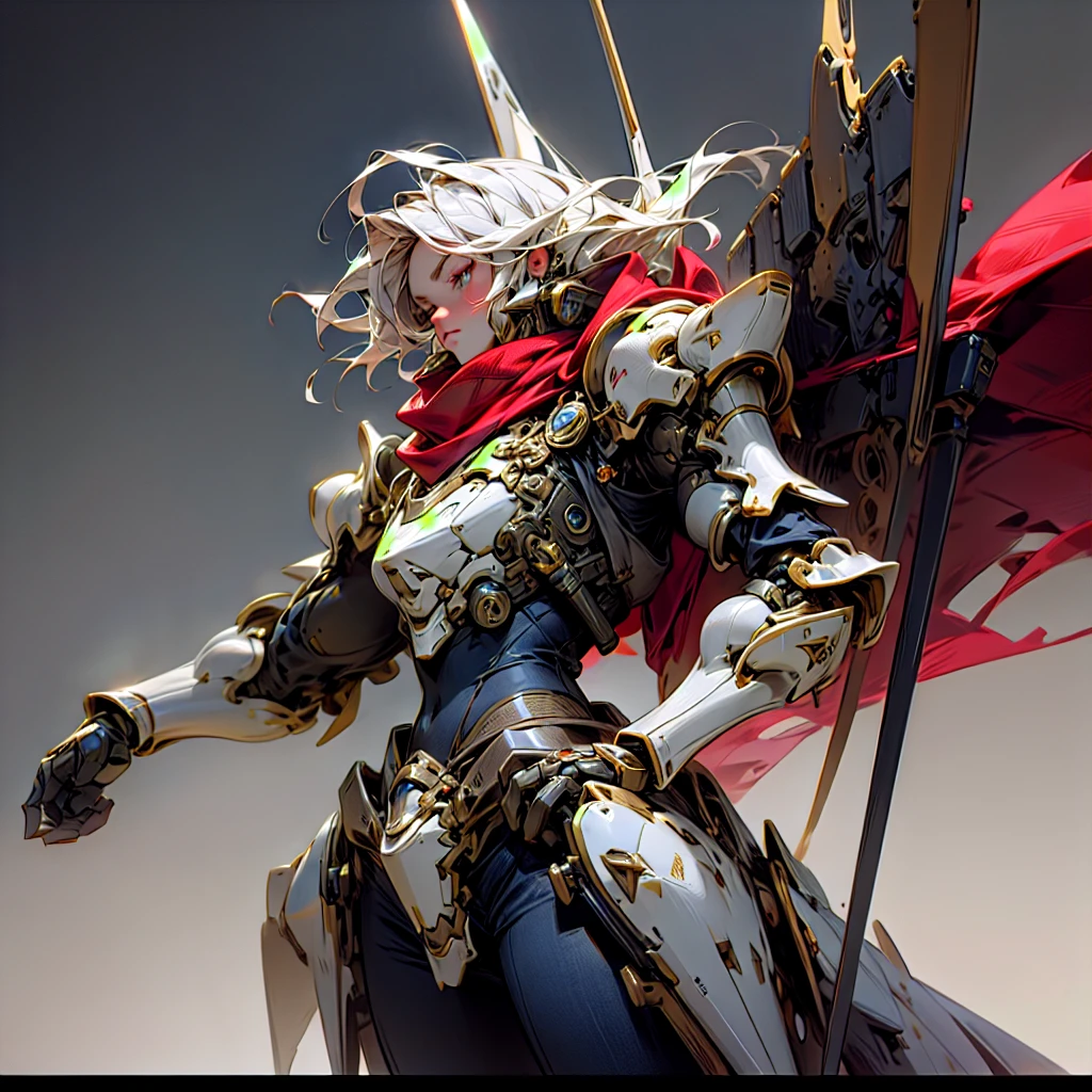 (Realism, photo realism: 1.3), (lens focal length: 35mm), backlight, a knight's mechanical armor, luxurious and exquisite shape, a blue glowing cross carved on the chest of the mecha, the mecha holds a red glowing wide and heavy armor sword, the red scarf sways in the wind, the knight's eyes are red flame light, and the battle posture is drawn