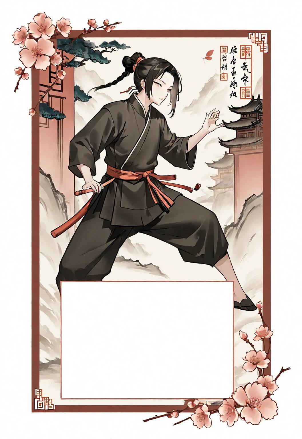 A card border UI,Chinese classical martial arts style,Ink painting style,Suspense style,Profile Style。There is a number "5" in the upper left corner of the card border.,Leave a square blank space in the middle,No characters,Freehand ink painting,Declaring a sense of paper。