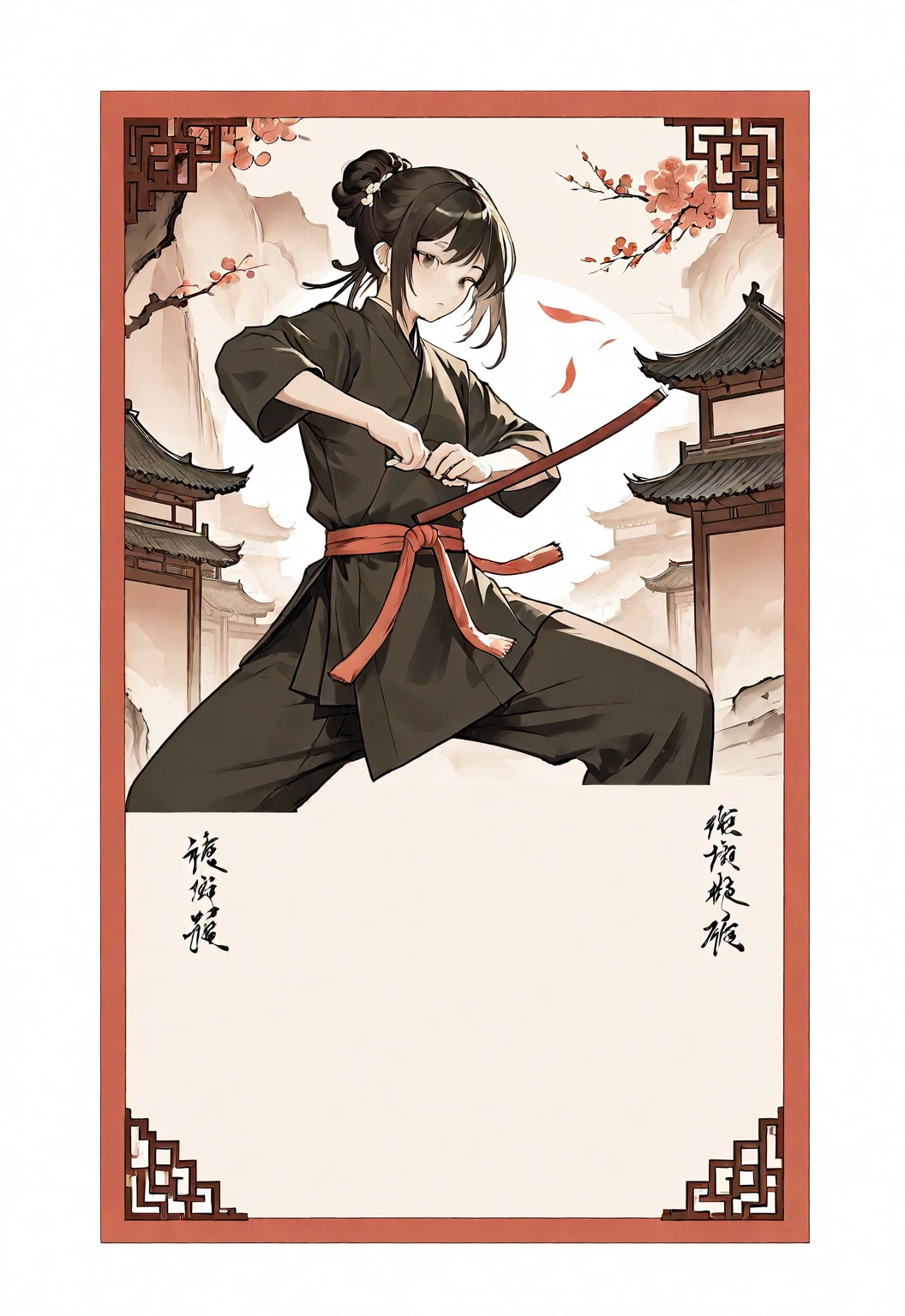 A card border UI，Chinese classical martial arts style，Ink painting style，Suspense style，Profile Style。There is a number &quot;5&quot; in the upper left corner of the card border.，Leave a square blank space in the middle，No characters，Freehand ink painting，Declaring a sense of paper。